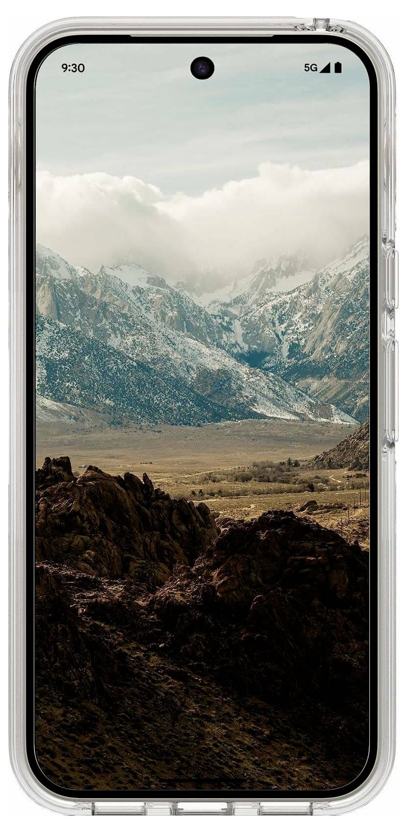 Smartphone mit einem Berglandschafts-Hintergrundbild mit felsigem Vordergrund, schneebedeckten Gipfeln und bewölktem Himmel.