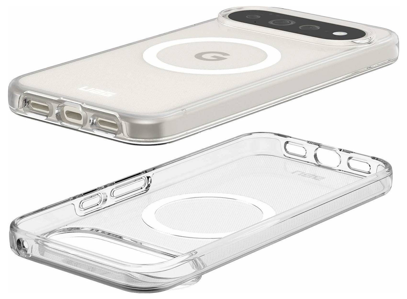 Zwei transparente Smartphone-Hüllen werden gezeigt, eine auf einem Telefon und eine leer, mit einem großen kreisförmigen MagSafe-artigen Ring und Kameraausschnitten.
