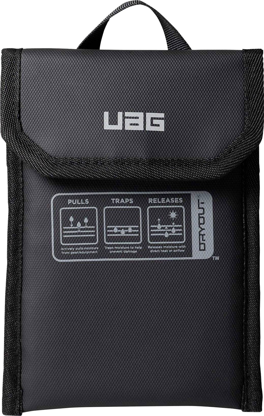 Schwarzer UAG-Schutzbeutel mit Markenlogo, oberer Klappe und Trageöse, frontal vor weißem Hintergrund gezeigt.