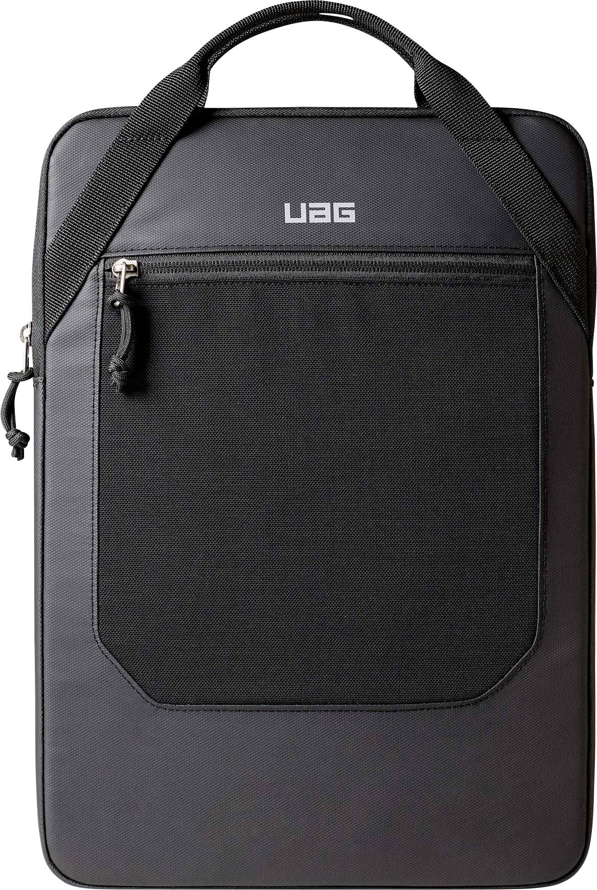 Schwarzer UAG-Rucksack mit Griff oben, vorderer Reißverschlusstasche und Logo, vor weißem Hintergrund abgebildet.