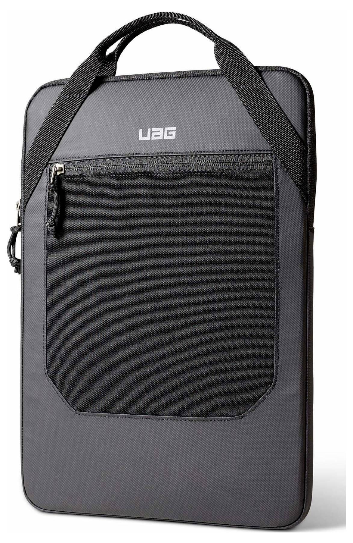 Schwarzes und graues UAG-Laptop-Schutzetui mit vorderer Reißverschlusstasche und Schultergurten auf weißem Hintergrund.