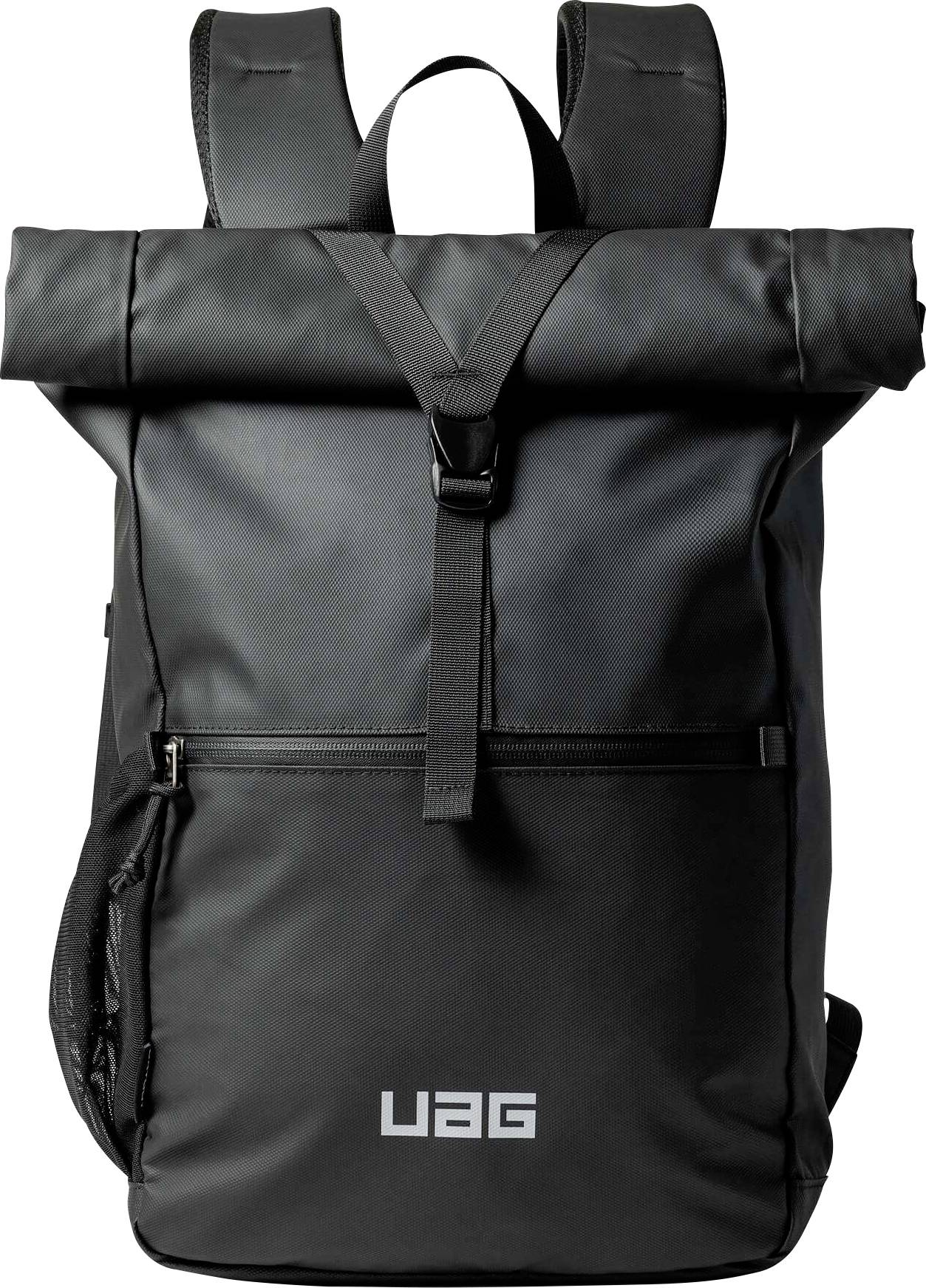 Schwarzer UAG Roll-Top Rucksack mit vorderer Reißverschlusstasche und Logo auf weißem Hintergrund.