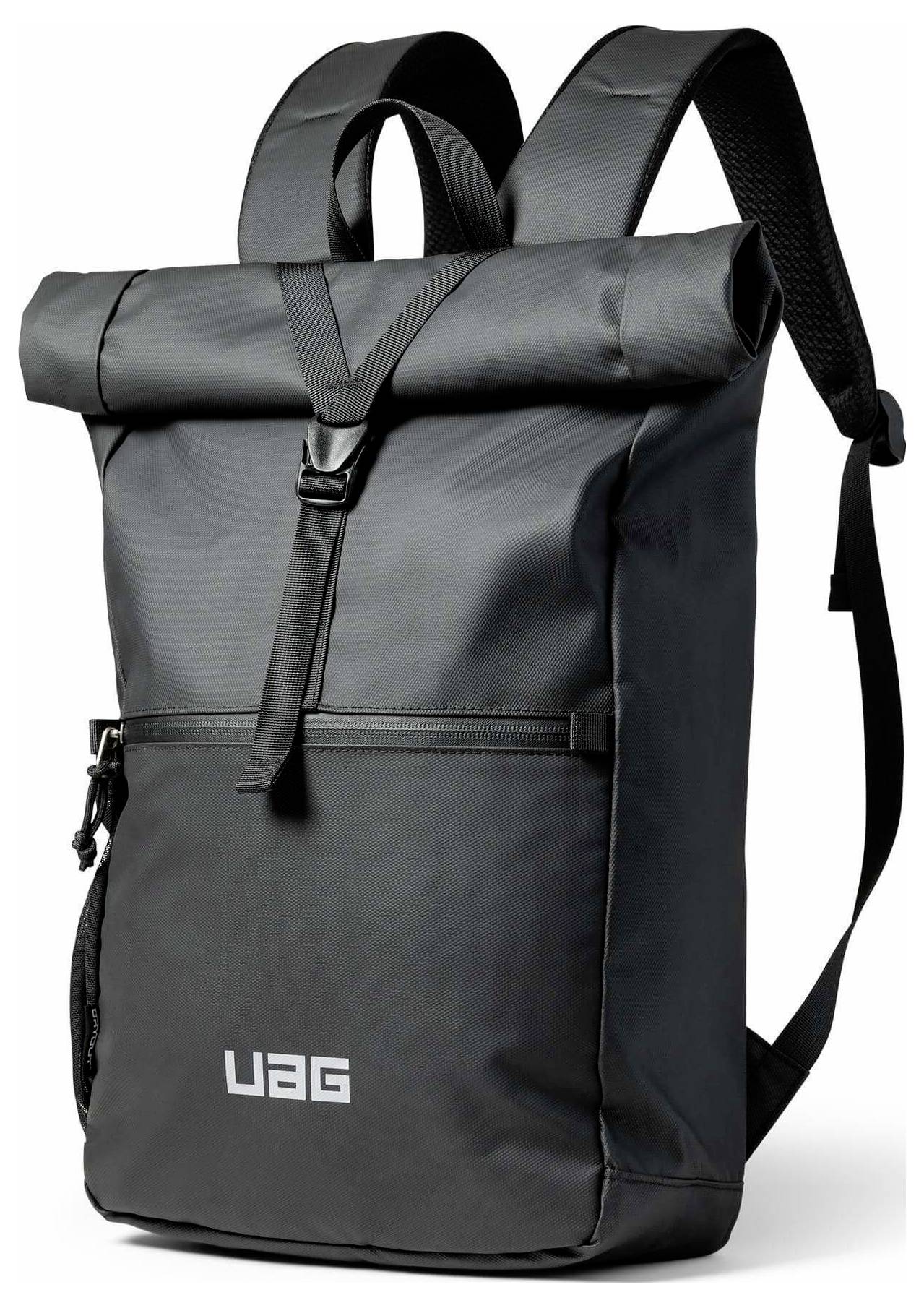 Schwarzer Rucksack mit Rolltop-Verschluss, Schultergurten und frontalem Reißverschlusstasche, auf weißem Hintergrund dargestellt.