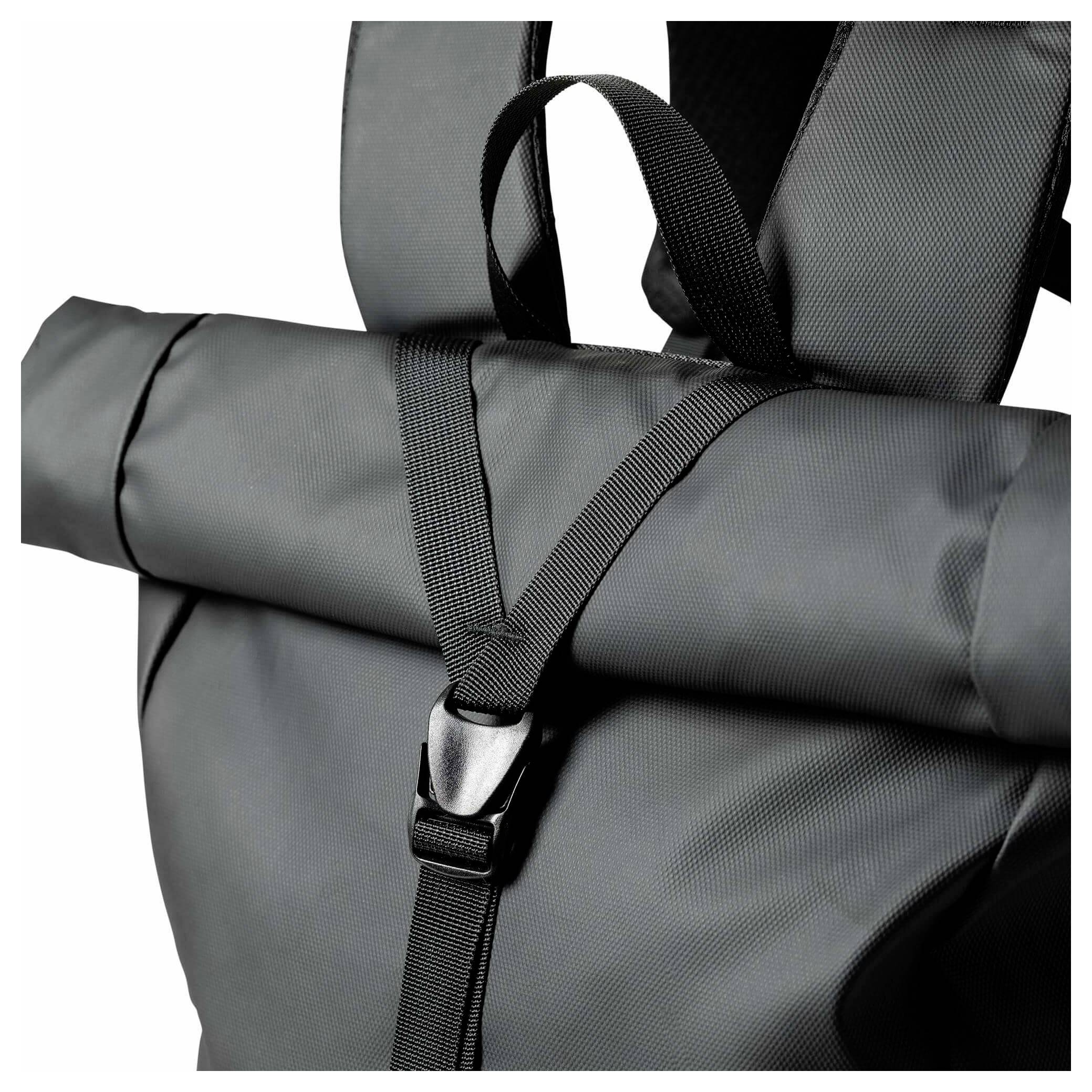 Nahaufnahme eines schwarzen Rucksacks mit Rollverschluss, Schultergurten und Vorderschnallenverschluss auf weißem Hintergrund.