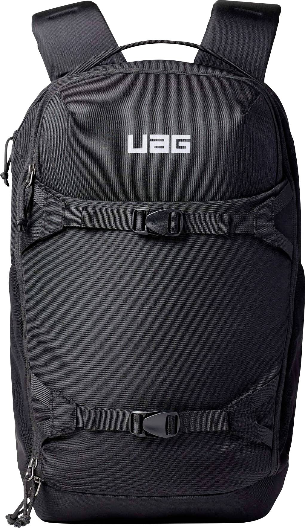 Schwarzer UAG-Rucksack mit vorderen Schnallen und oberen Trageösen auf einfach weißem Hintergrund.
