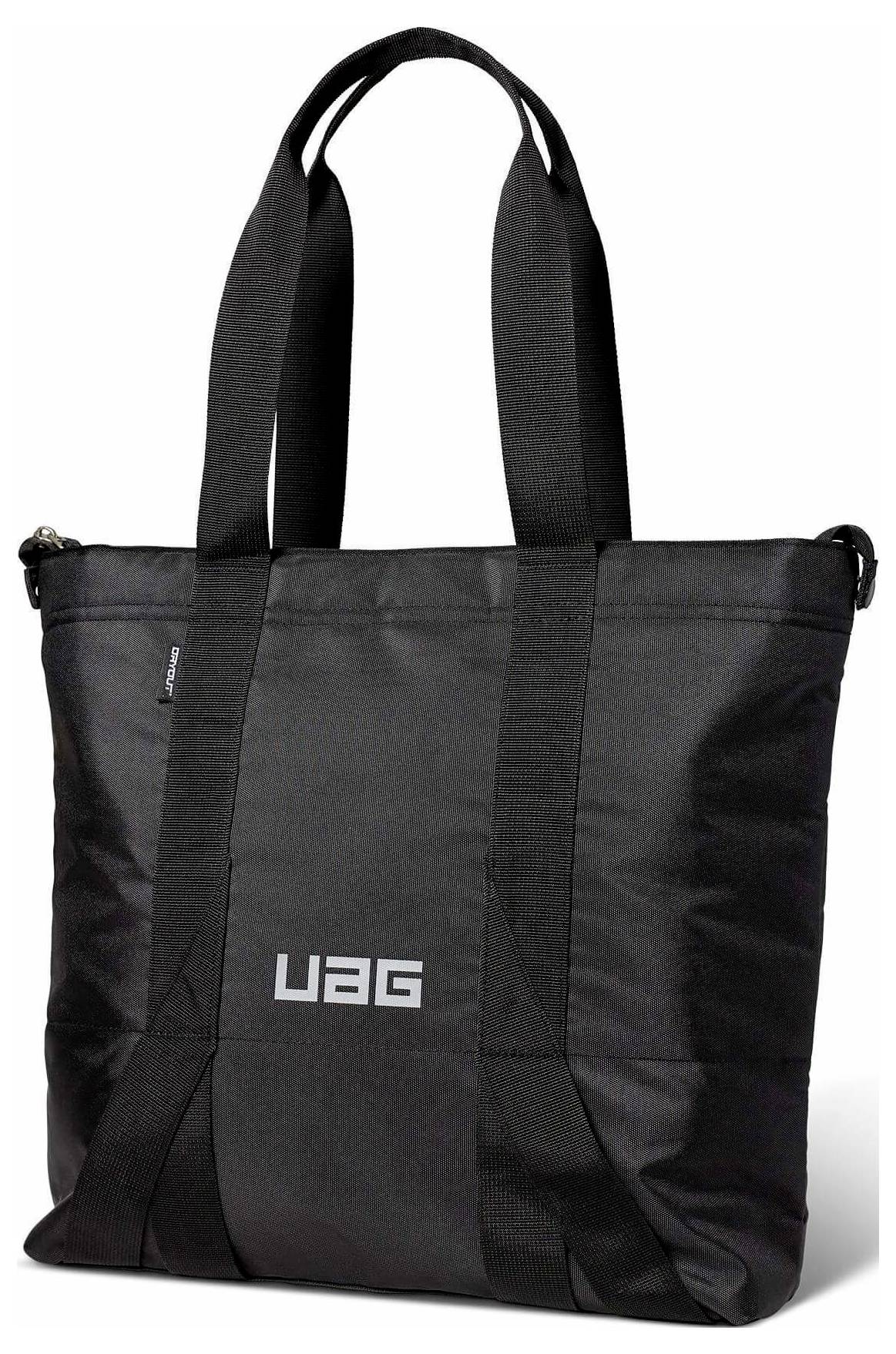 Schwarze UAG-Tragetasche mit langen Griffen und Logo, gezeigt auf weißem Hintergrund.