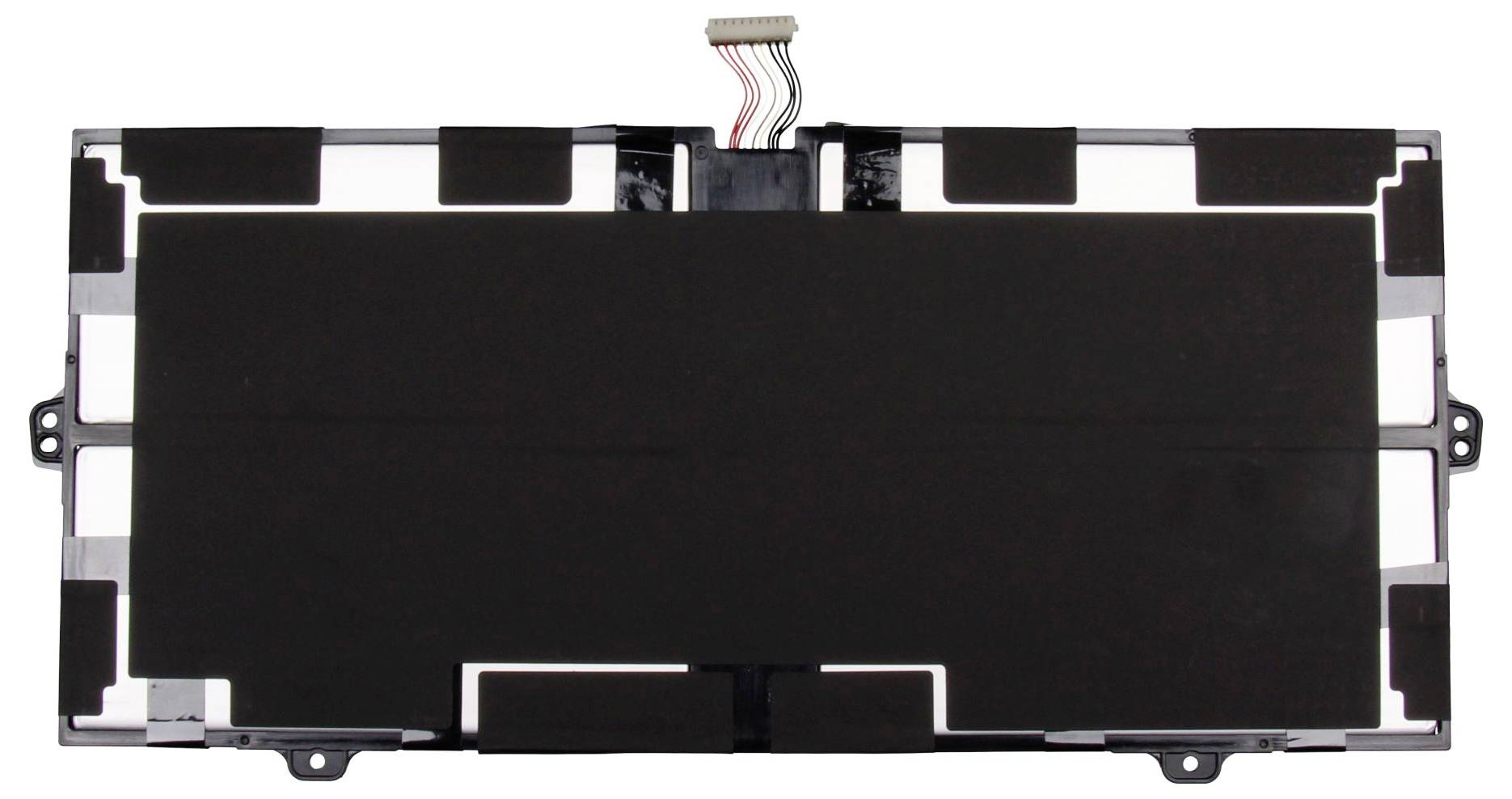 Rückseite eines Laptop-Displaypanels mit einem breiten schwarzen Bildschirm, Montageklammern an den Rändern und einem Bandkabelanschluss oben.
