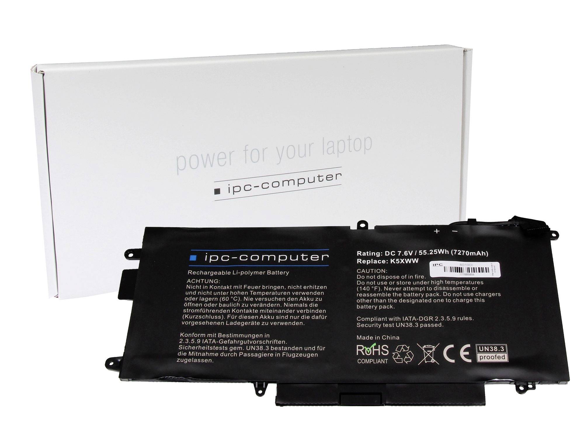 Laptop-Akku mit Verpackung mit der Beschriftung „Energie für Ihren Laptop