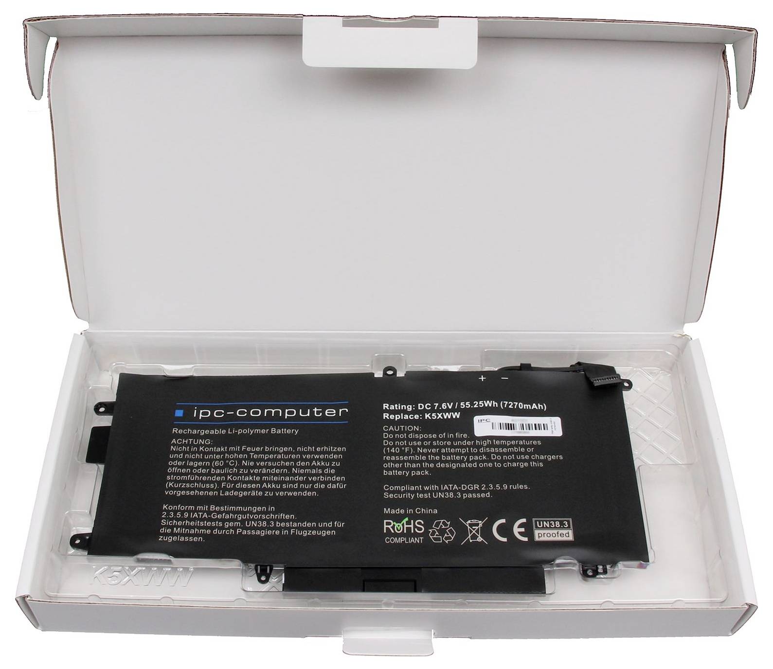 Wiederaufladbare Laptop-Batterie in einer weißen Einzelhandelsschachtel, gekennzeichnet mit ipc-computer mit Spezifikationen und Sicherheitsmarkierungen.