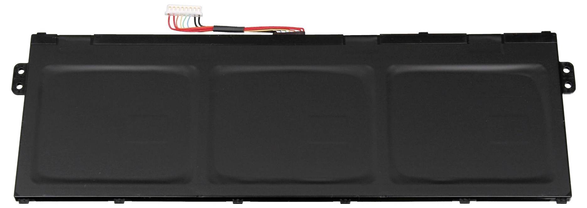 Schwarzes rechteckiges elektronisches Modul mit drei vertieften Paneelen und seitlichen Befestigungslaschen, dargestellt auf weißem Hintergrund mit sichtbaren roten und schwarzen Kabeln oben.