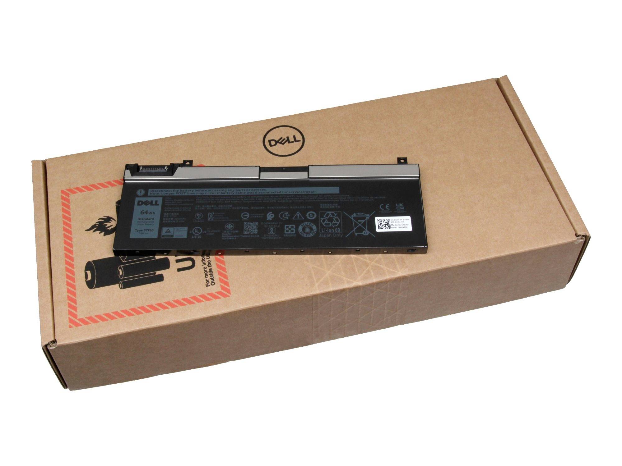 Dell Laptop-Batterie in einer Dell Pappversandbox, gezeigt vor weißem Hintergrund.