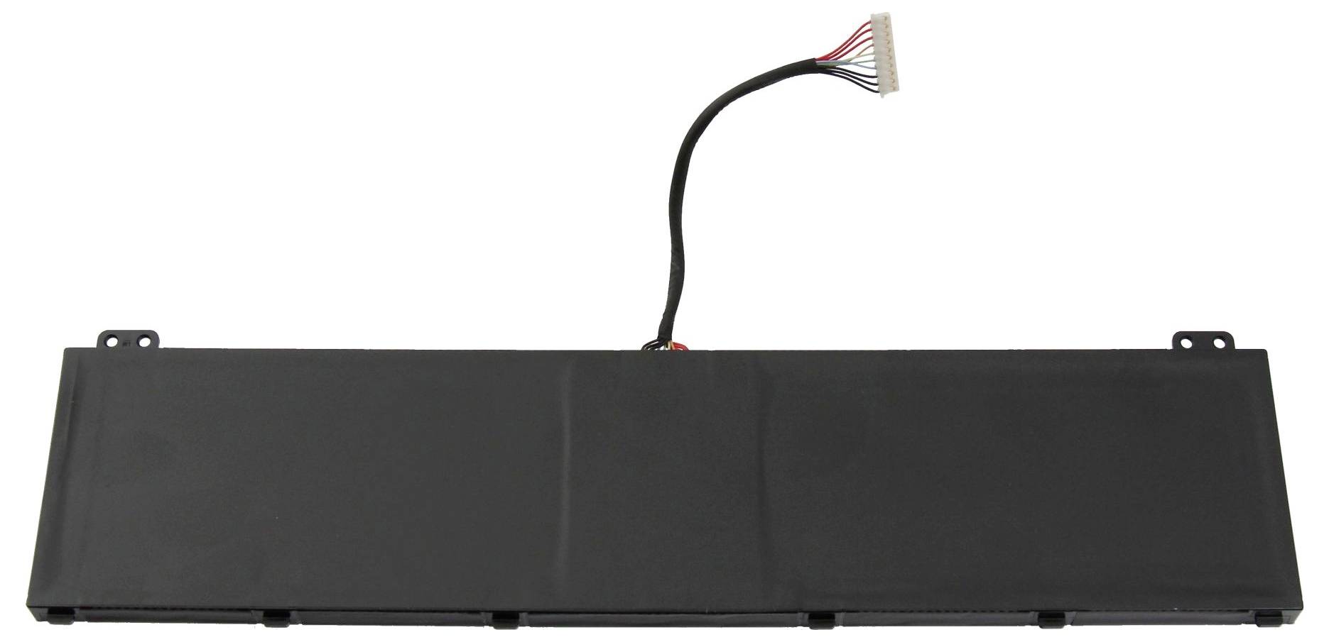 Schwarzer Laptop-Akku mit angebrachtem Kabel und Stecker auf weißem Hintergrund.