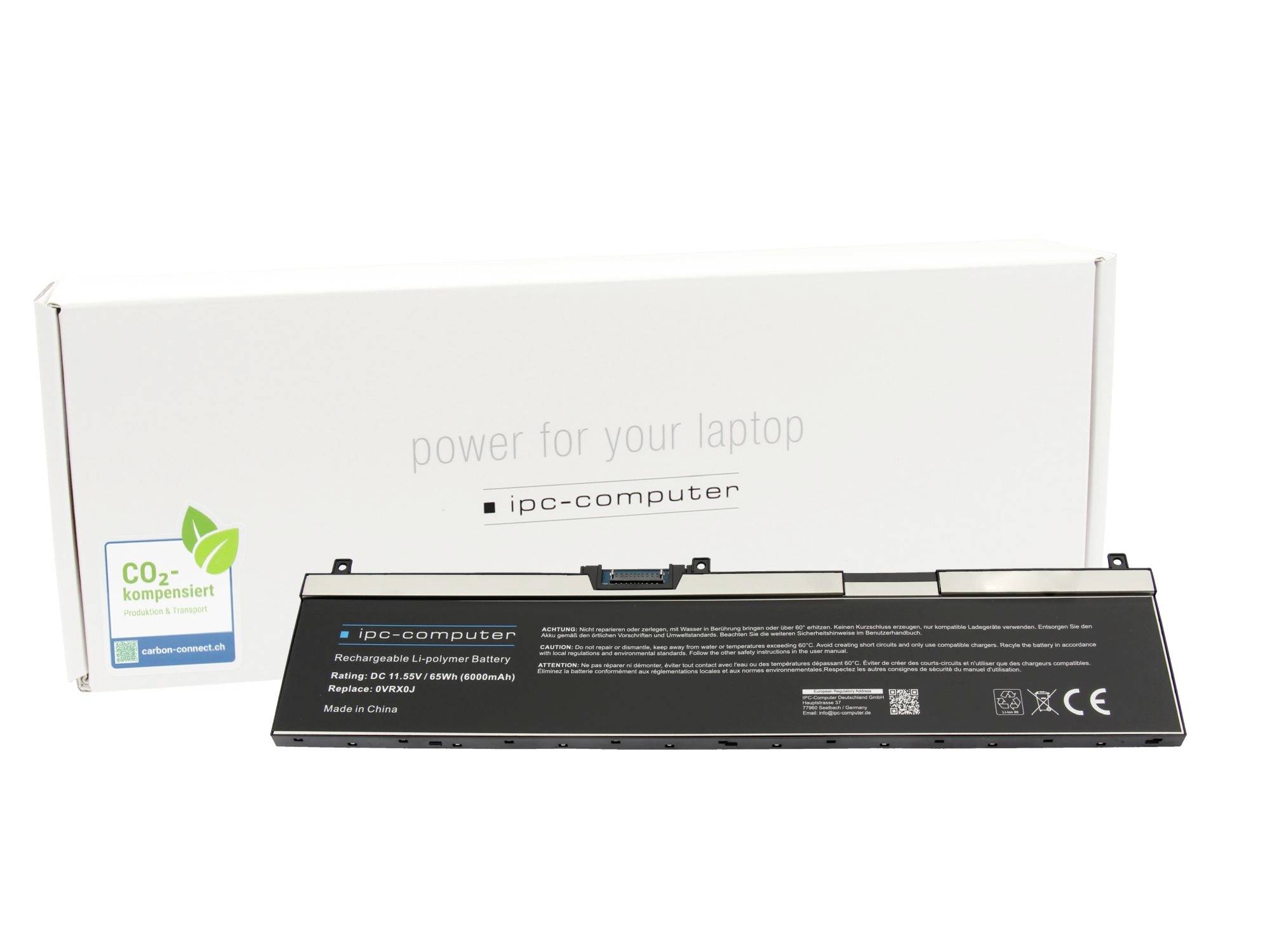 Ersatzbatterie für Laptop vor ihrer Schachtel, gekennzeichnet mit IPC-Computer und „Energie für Ihren Laptop