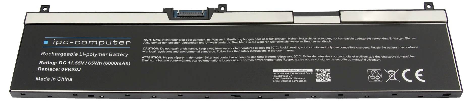 Wiederaufladbare Lithium-Polymer-Akkupack für Laptops mit Etikett, das ipc-computer-Branding zeigt, Nennung 11,1V 85Wh 6800mAh und CE-/Recycling-Symbole.