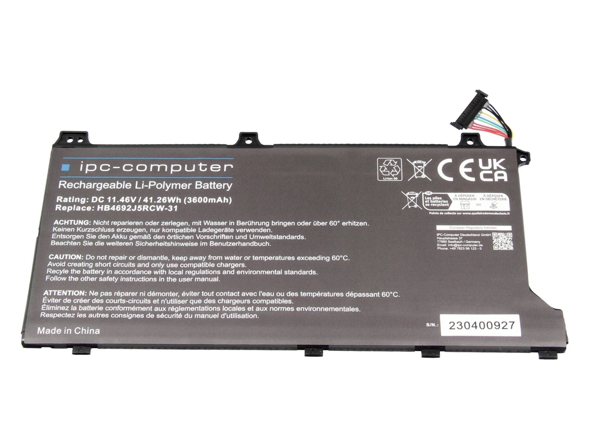 Schwarzer IPC-Computer wiederaufladbarer Laptop-Akku mit Stecker, mit der Bezeichnung 11.46V 41.26Wh und 