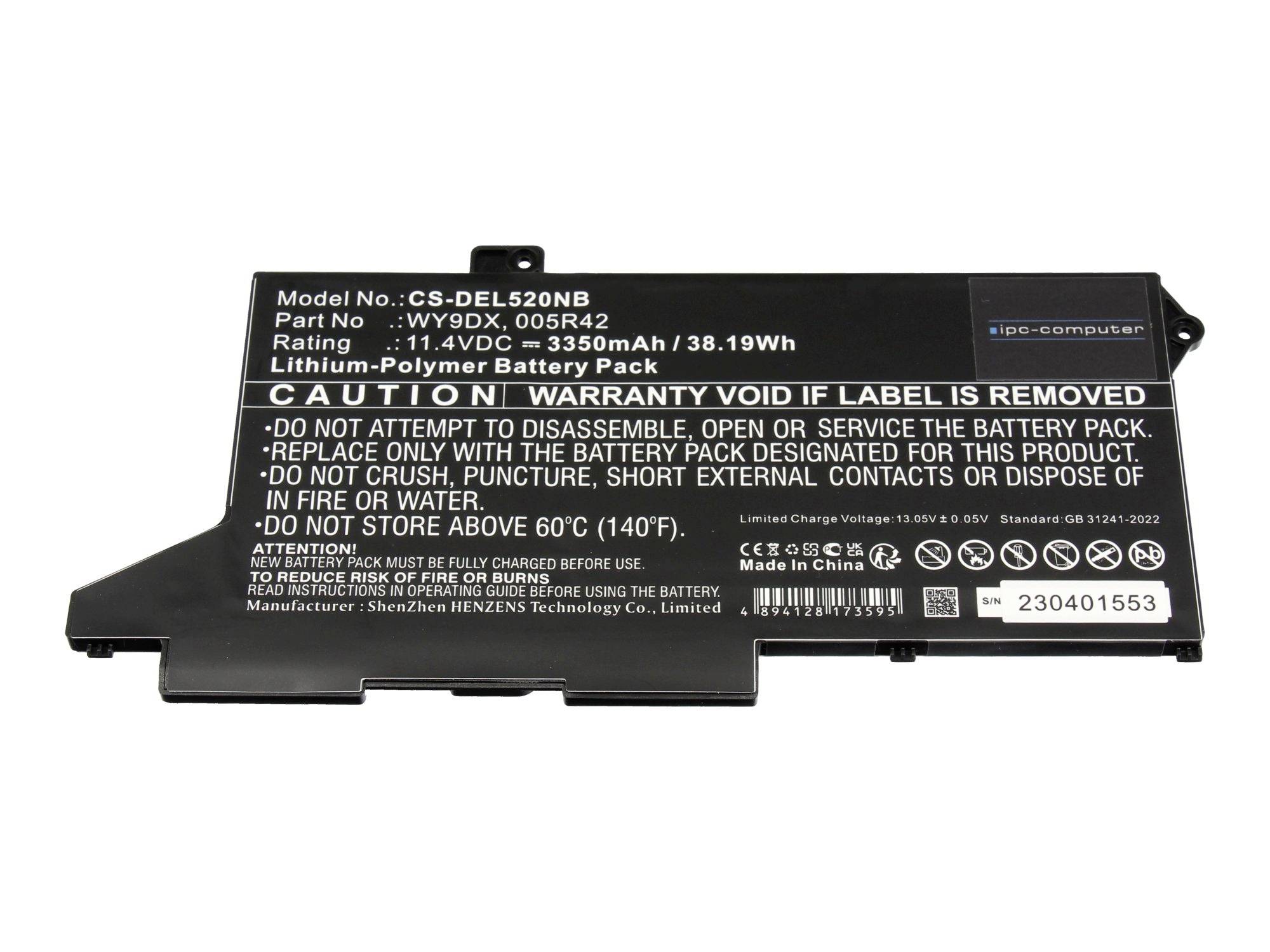 Schwarzes Laptop-Akkupack mit Warnschild, zeigt Modell CS-DFL520NB und 11,4V, 3350mAh Spezifikation.