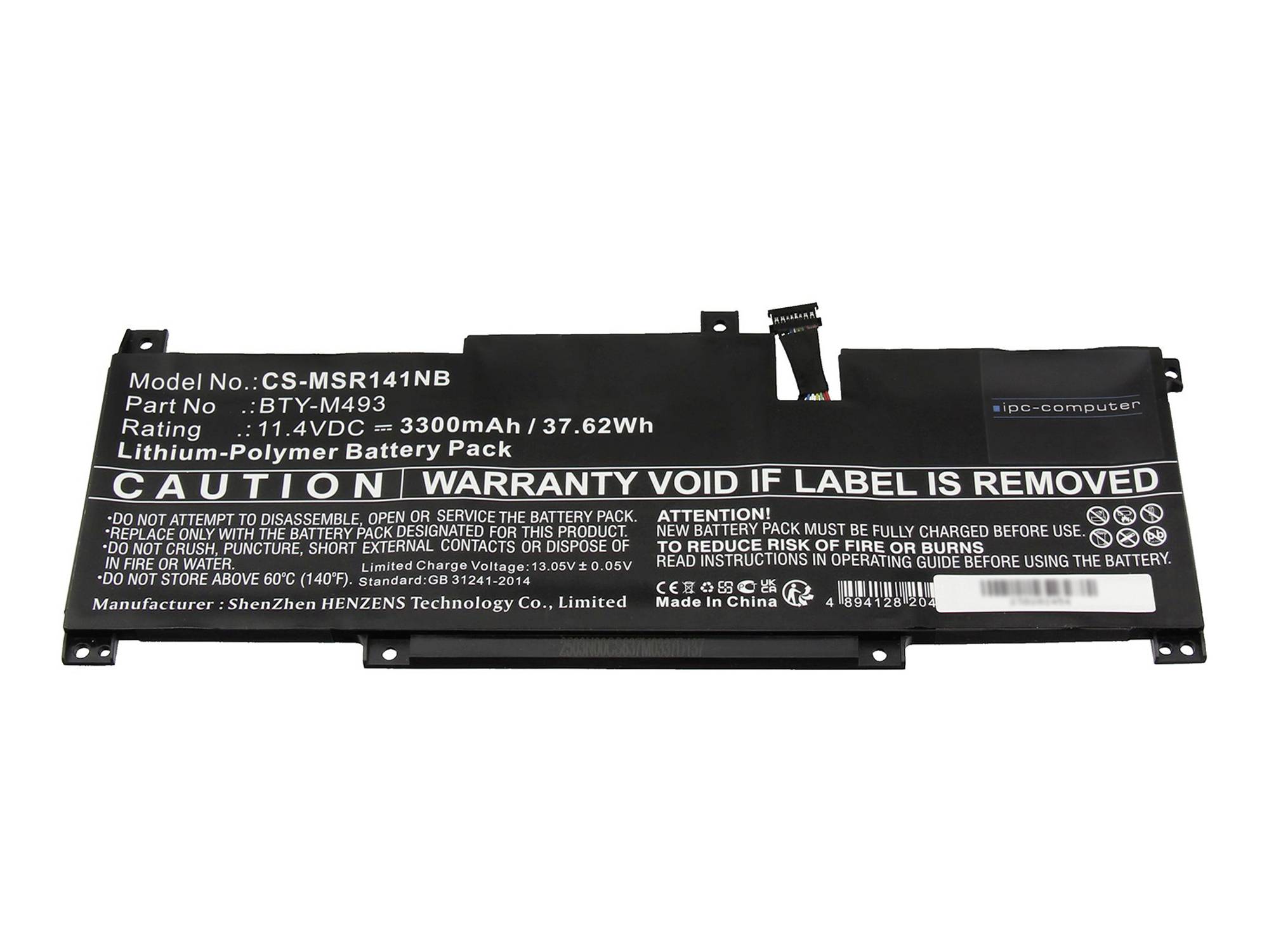 Schwarzes Laptop-Akku-Pack mit Etikettentext einschließlich Modell CS-MSR141NB, 11,4V 3300mAh und einer Warn-/Garantiemitteilung.