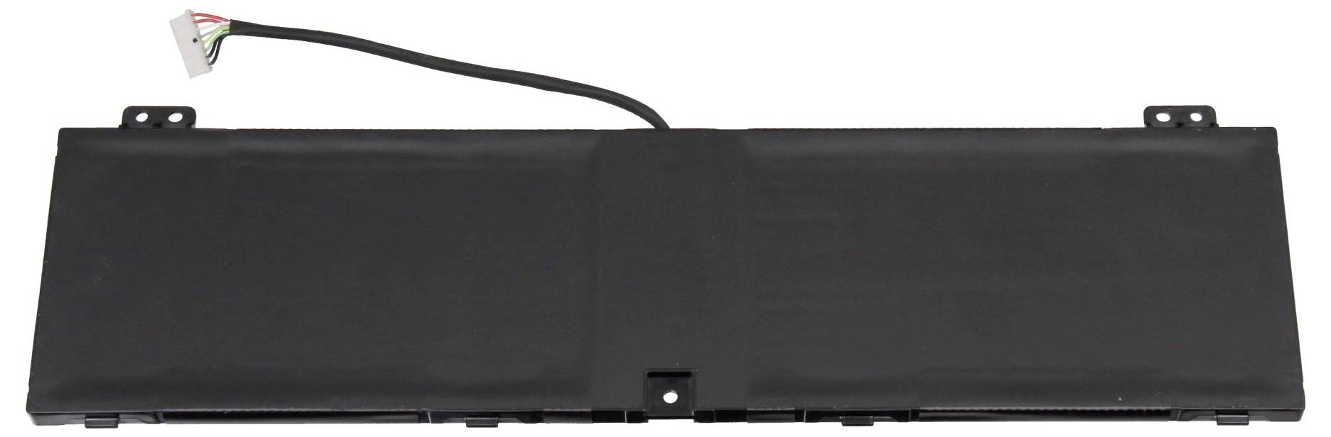 Schwarzer rechteckiger Laptop-Akku auf weißem Hintergrund dargestellt, mit sichtbarem Kabel und Anschluss.