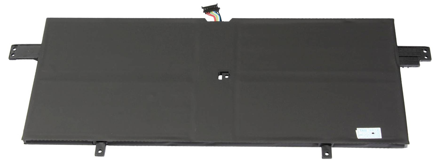 Ein langes schwarzes rechteckiges elektronisches Batteriepaket oder -modul mit Montagelaschen und einem sichtbaren Steckverbinder oben.