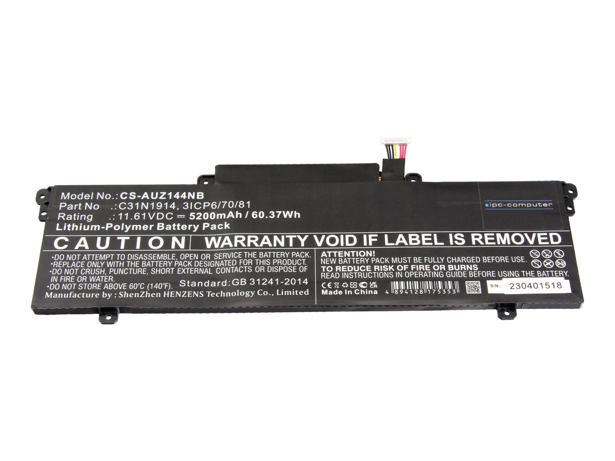 Laptop-Akkupack mit Warnschild, zeigt Modell CS-AU2144NB, 11,1V 5200mAh, 60,37Wh und Vorsichtstext über Akkuaustausch und Entsorgung.