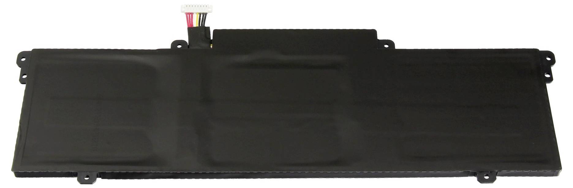 Schwarzer rechteckiger Laptop-Akkupack mit Stecker und Montagelaschen, gezeigt auf weißem Hintergrund.