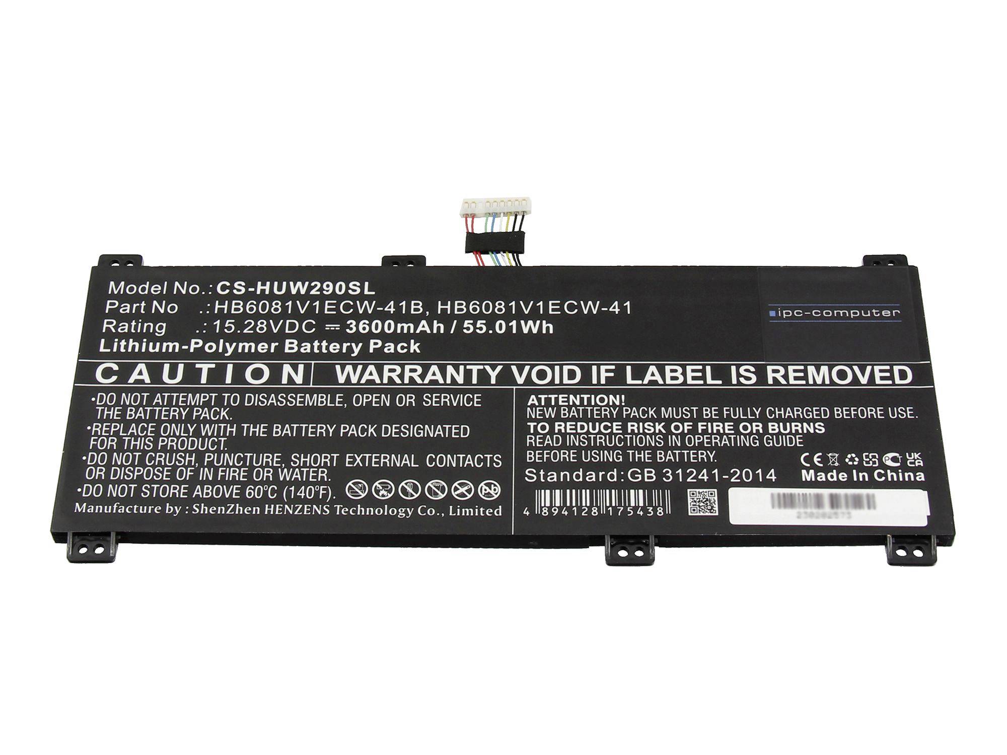 Schwarzes Laptop-Akkupack mit Modellbezeichnung und Sicherheitswarnungen, zeigt Stecker und Spezifikationen für einen HP-Computer.