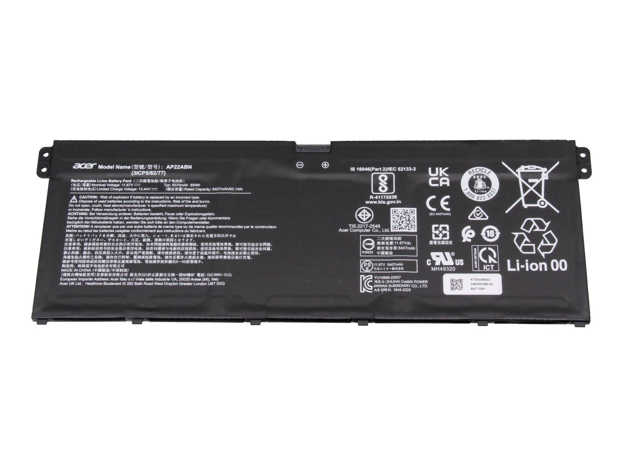 Ein schwarzes Acer-Laptop-Akkupack mit aufgedruckten Sicherheitsetiketten und Recycling-Symbolen auf weißem Hintergrund.