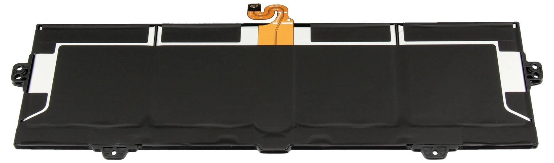 Schwarze Kunststoff-Batteriabdeckplatte mit einer orangefarbenen zentralen Verriegelung und Montagelaschen, dargestellt auf weißem Hintergrund.