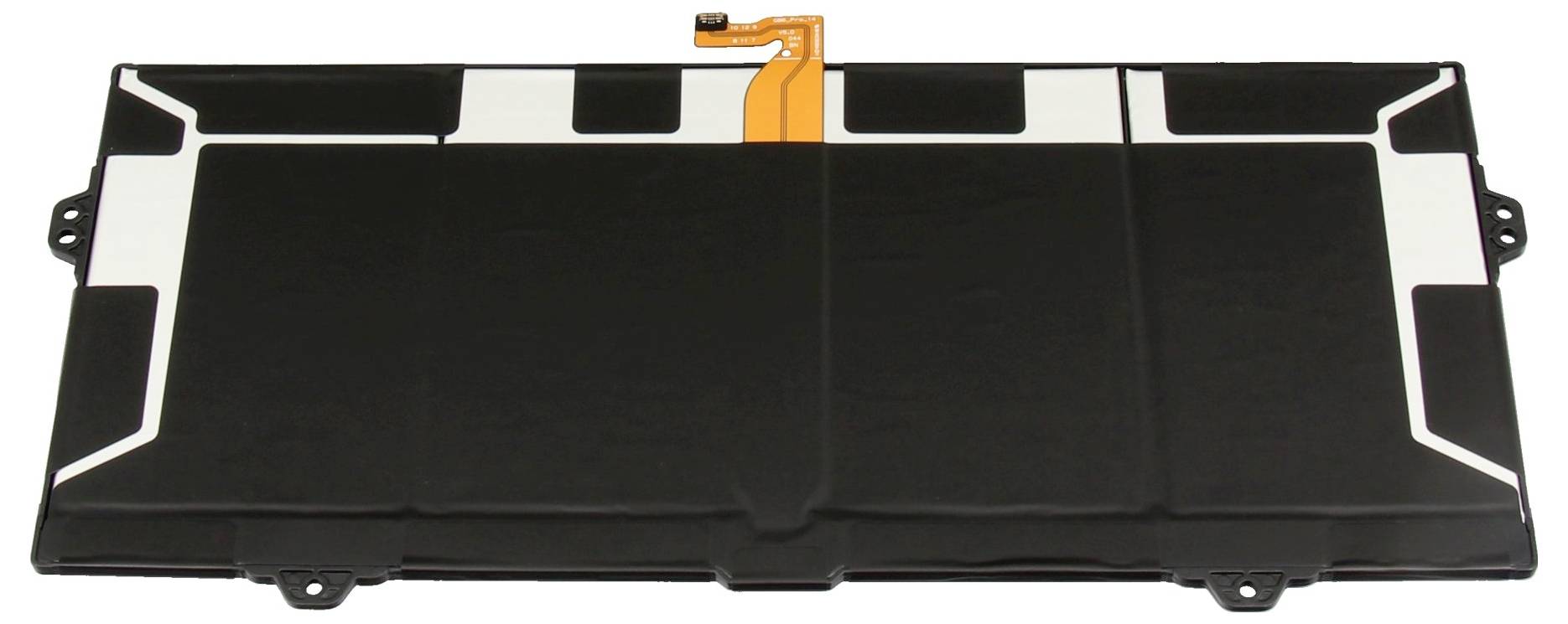 Schwarzes rechteckiges elektronisches Komponenten-Gehäuse mit einem orangefarbenen flexiblen Bandanschluss in der oberen Mitte und Befestigungslaschen an den Seiten.