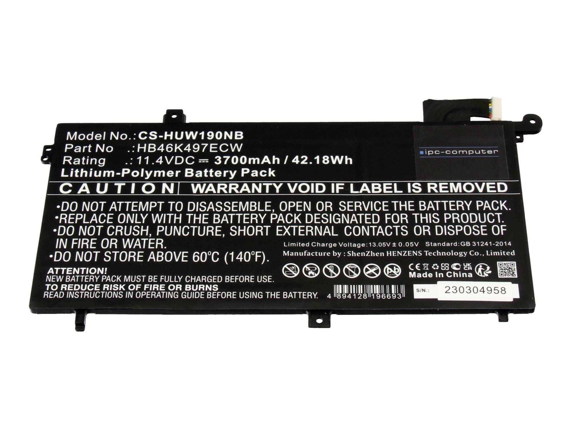 Laptop-Akkupack mit Modellnummer CS-HUW190NB, 11,4V 3700mAh, mit Sicherheitswarnungen und Barcode auf weißem Hintergrund.