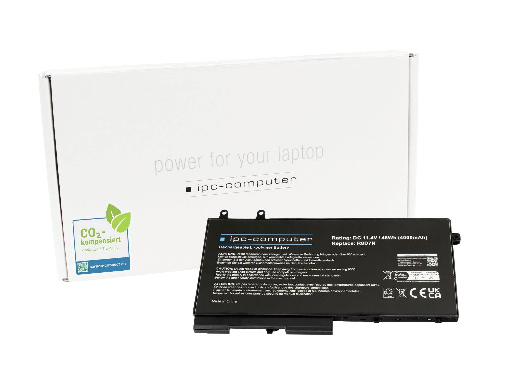 Schwarzer Laptop-Ersatzakku vor weißer Verpackung mit der Aufschrift „Energie für deinen Laptop