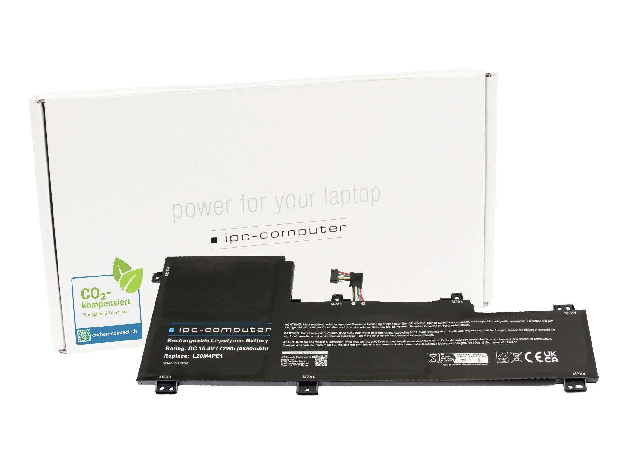 Schwarzer Laptop-Akku vor einer weißen Schachtel mit der Aufschrift „power for your laptop