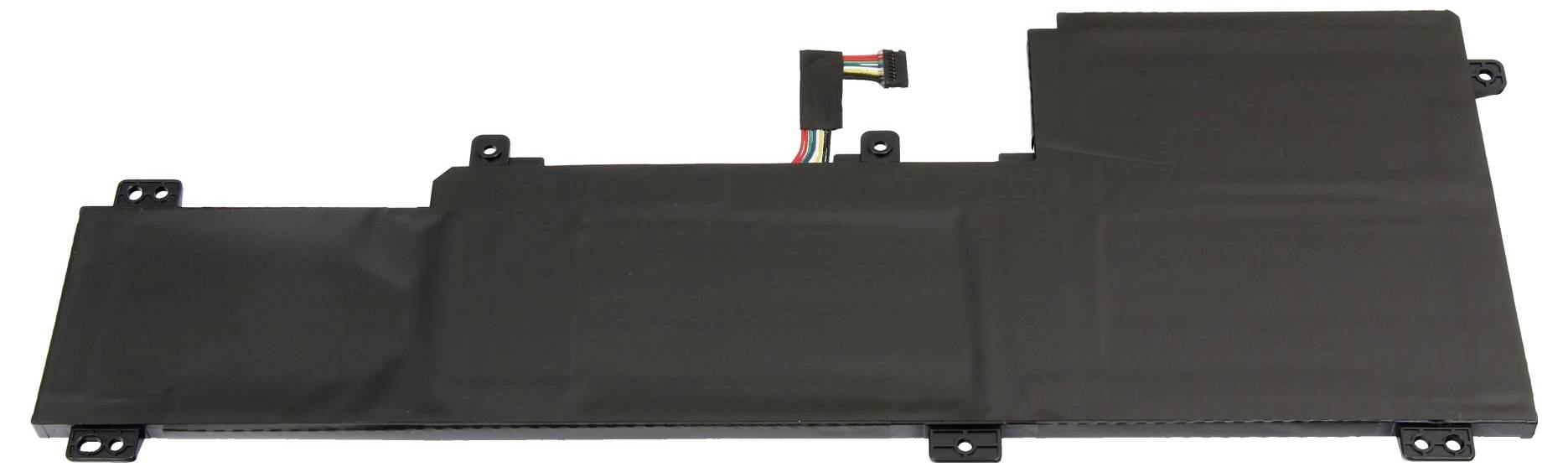 Schwarzes rechteckiges Laptop-Akkupack mit Stecker und Befestigungslaschen auf weißem Hintergrund.