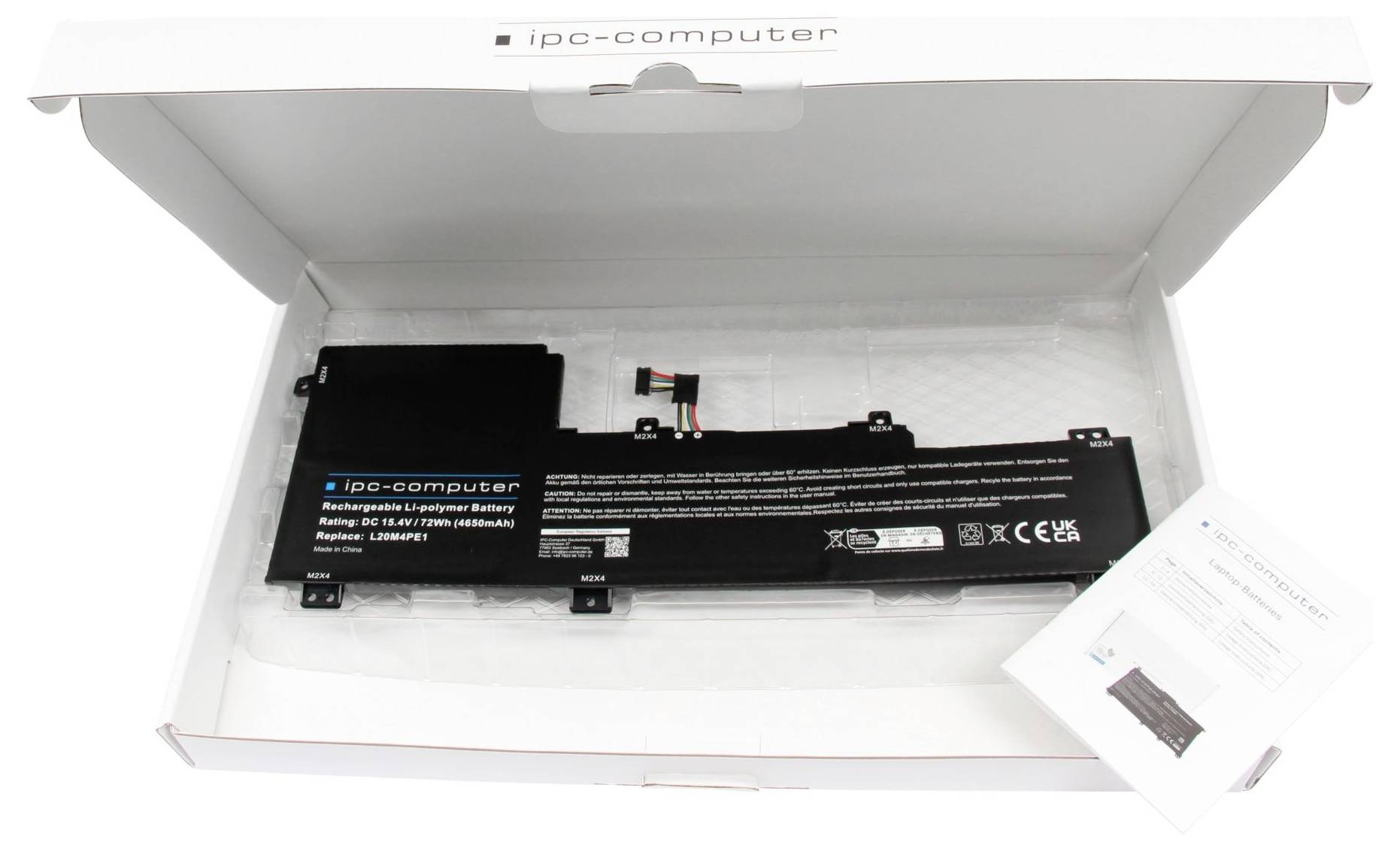 Öffnen Sie die weiße Box mit einem Laptop-Akku der Marke „ipo-computer", daneben liegt eine kleine Bedienungsanleitung.
