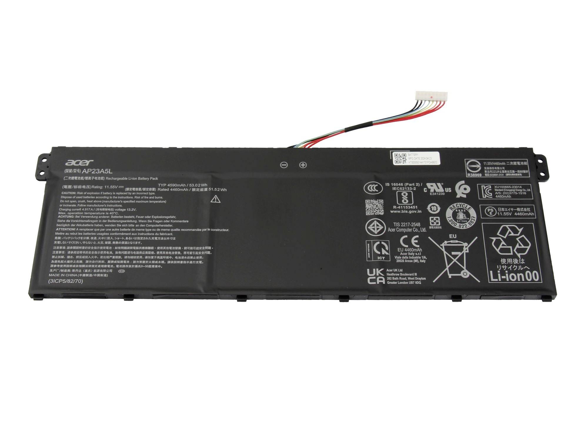Schwarze Acer-Laptop-Batterie mit angeschlossenem mehrfarbigem Verbindungskabel und Sicherheitsetiketten auf weißem Hintergrund.