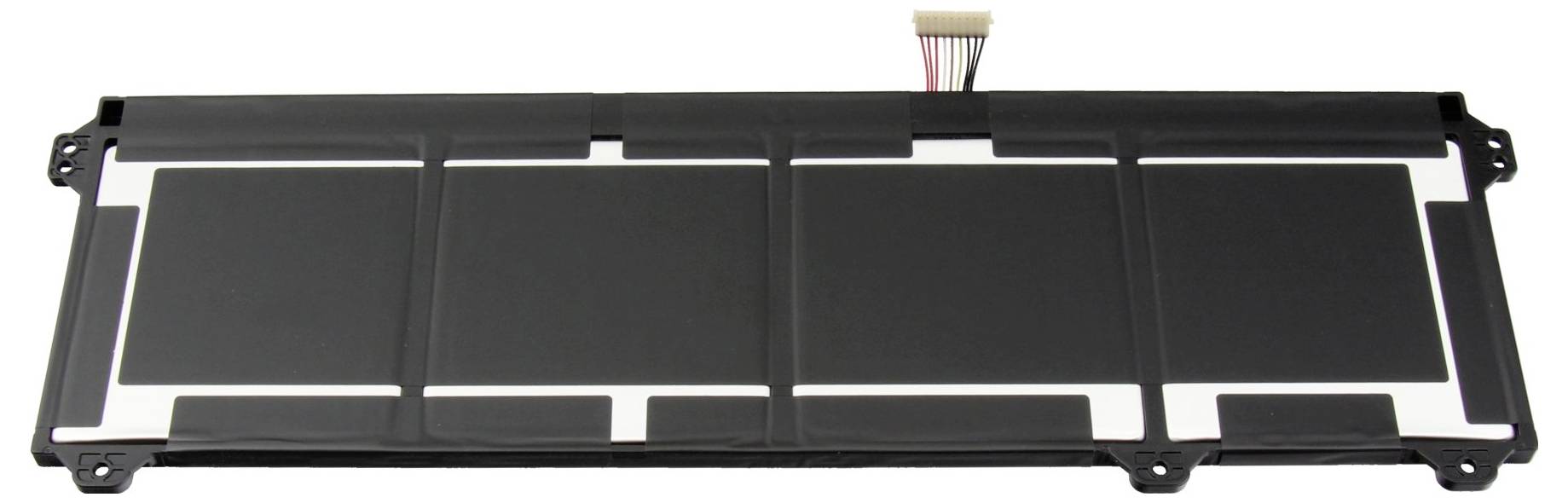 Schwarzes Laptop-Akku-Pack mit angeschlossenem Flachbandkabel, isoliert auf weißem Hintergrund dargestellt.
