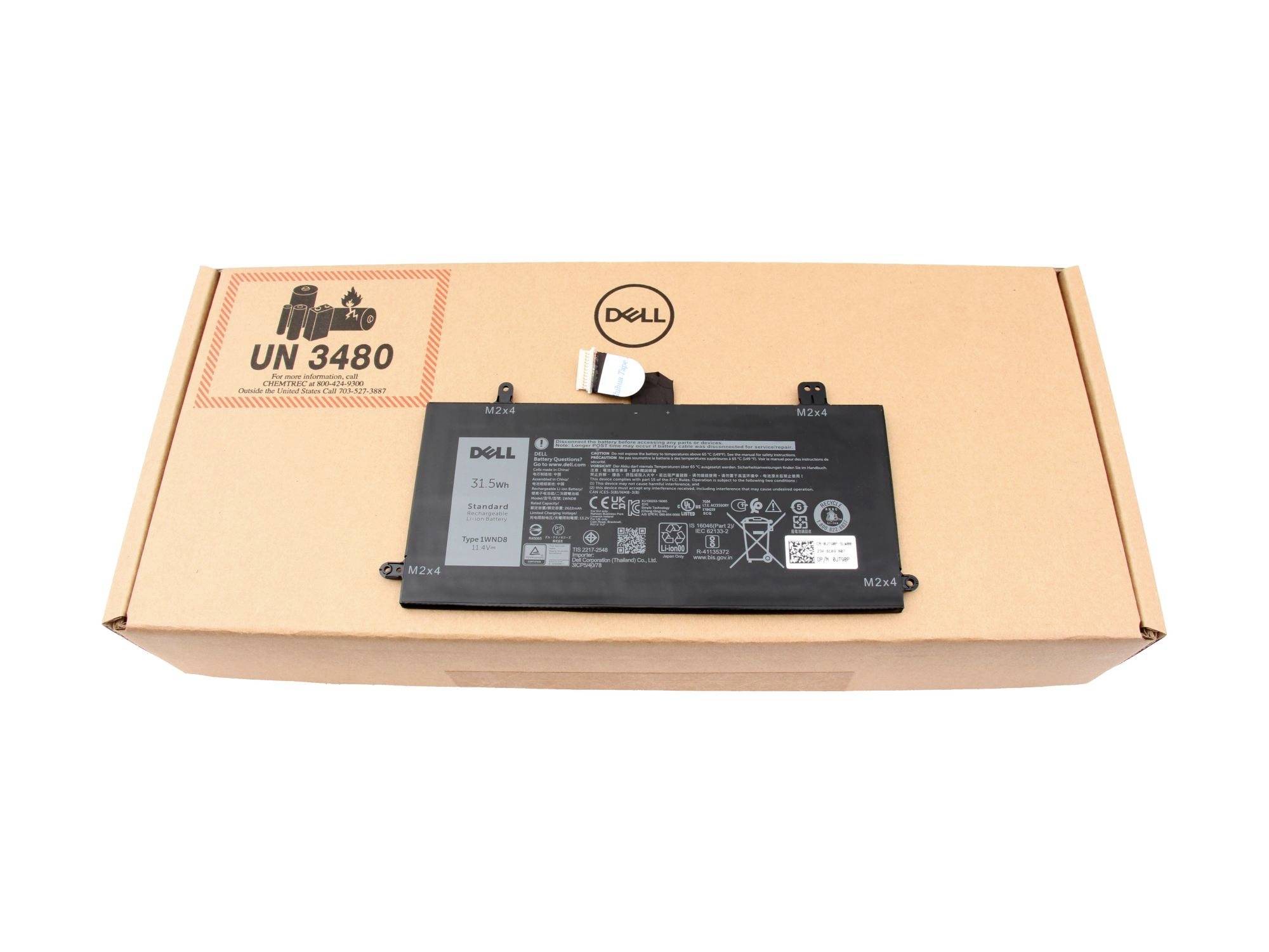 Dell-Laptop-Akku in einem Kartonversandkarton mit der Kennzeichnung UN 3480 für Lithium-Ionen-Batterien.
