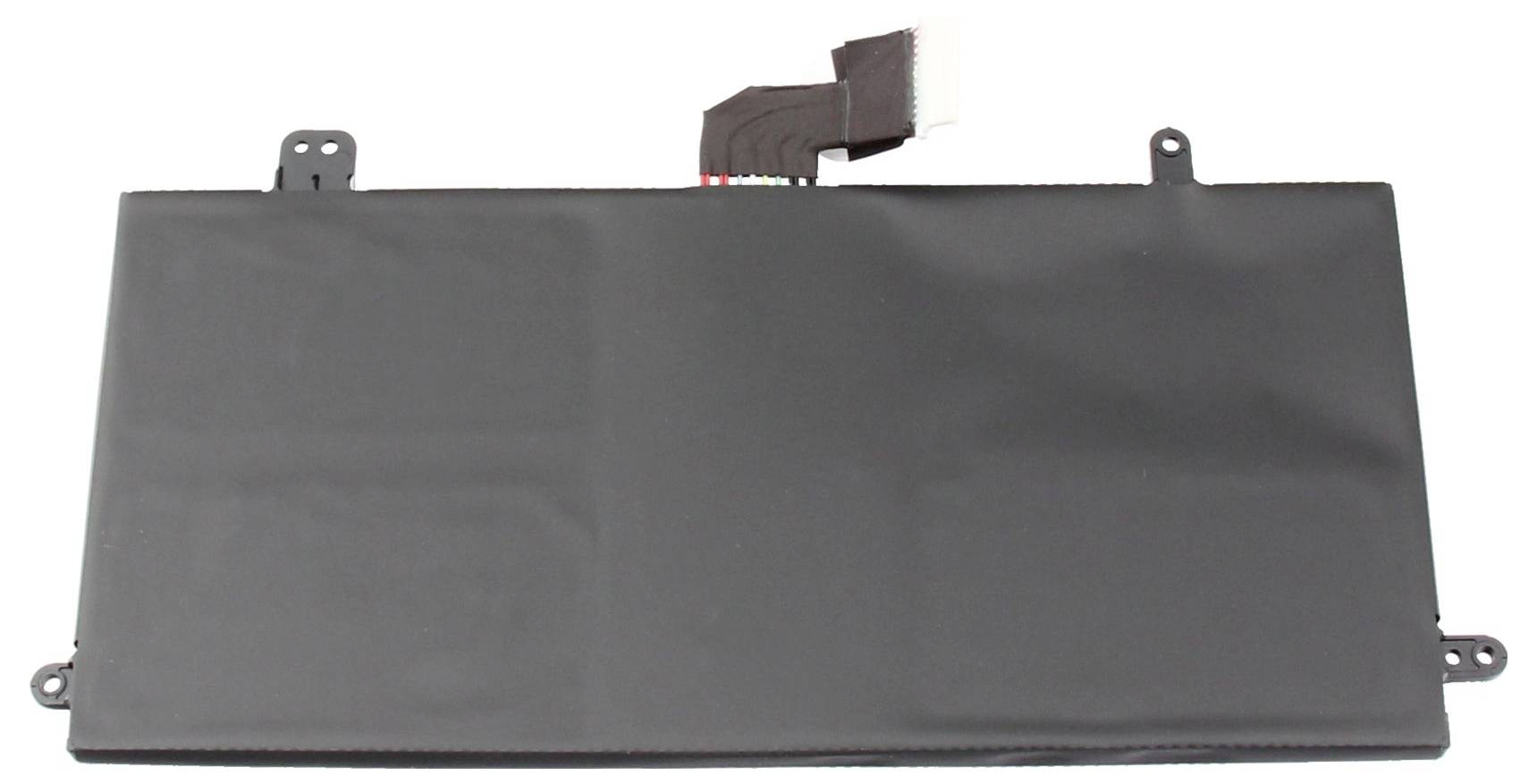 Schwarzes rechteckiges Laptop-Akkupack mit Stecker und Befestigungslaschen auf weißem Hintergrund