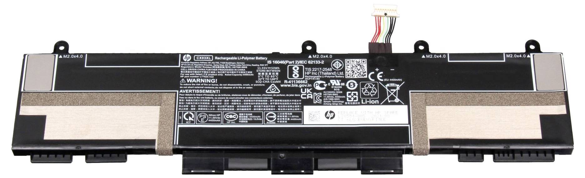 Laptop-Akkupack mit HP-Logo und Warnkennzeichnungen, Vorderansicht mit Anschluss und Befestigungslaschen.