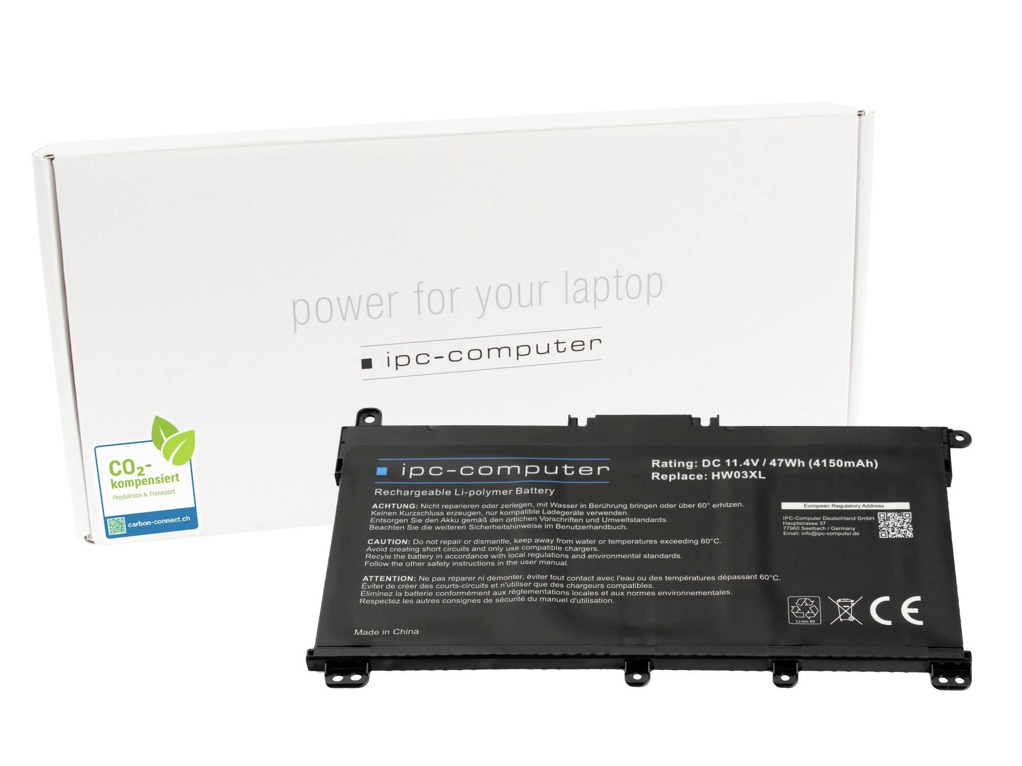 Laptop-Ersatzbatterie vor weißer 'Stromversorgung für Ihren Laptop' IPC-Computer-Box mit CO2-kompensiertem Etikett.