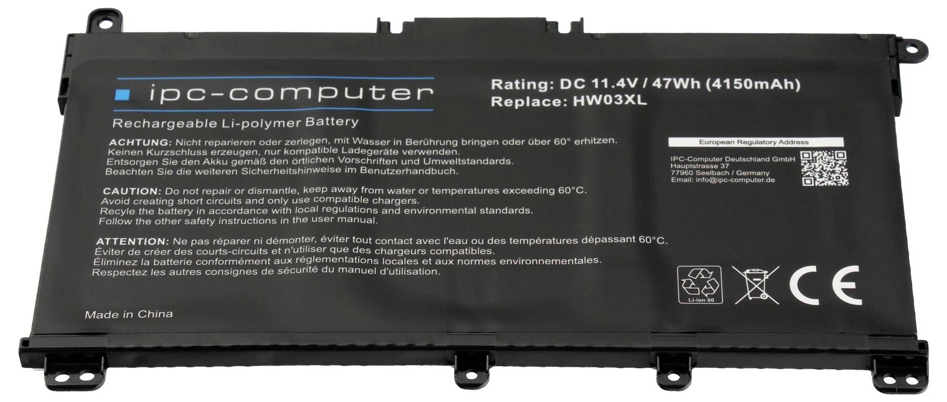 Laptop-Akkupack mit Kennzeichnung 'ipc-computer' mit Nennwerten DC 11,4V / 47Wh (4150mAh) und Ersatzcode HW03XL.