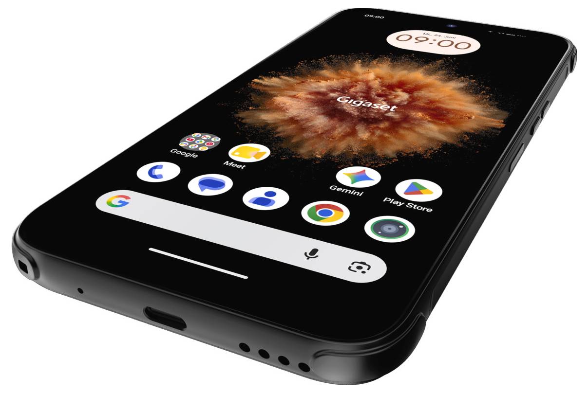 Schwarzes Smartphone in schräger Ansicht mit Startbildschirm, der App-Symbole, eine Google-Suchleiste und eine Uhr anzeigt, die 09:00 Uhr anzeigt.