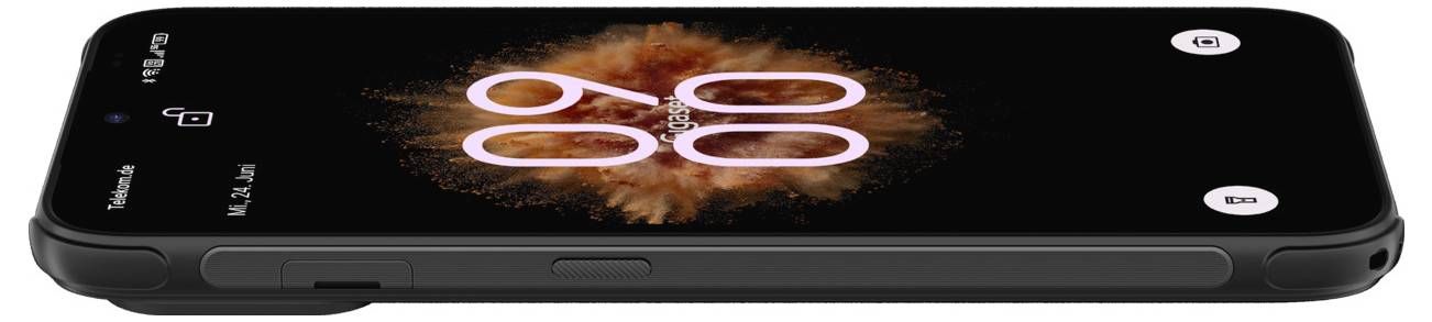 Schwarzes Smartphone in Querformat mit abstraktem orangefarbenem Explosionshintergrundbild und großer "08" auf dem Bildschirm.