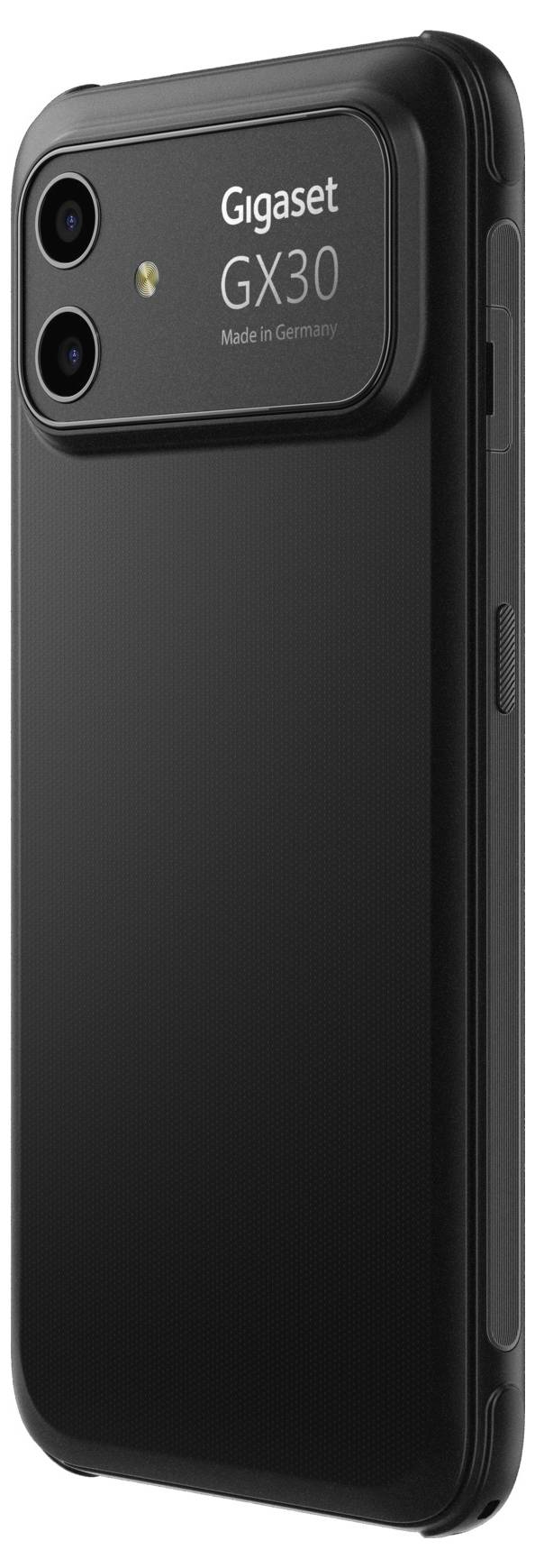 Schwarzes Gigaset GX30 Smartphone von hinten gezeigt, mit Dual-Rückkameras und „Made in Germany"-Branding.