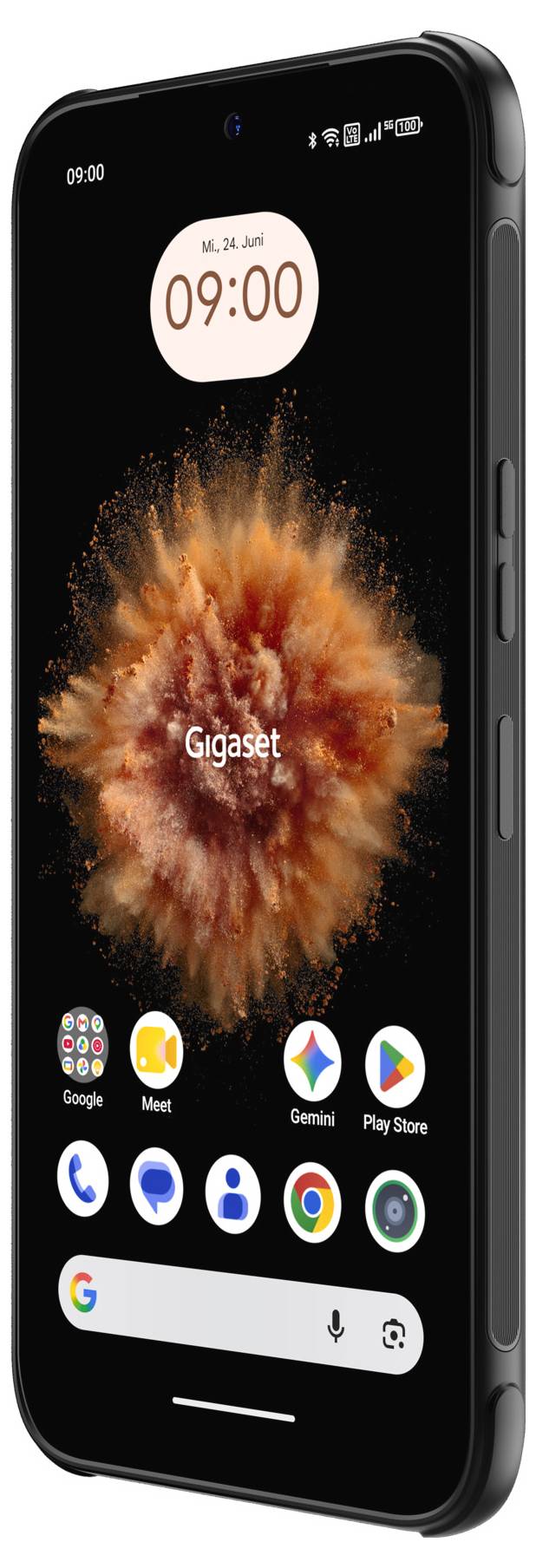 Ein schwarzer Smartphone-Startbildschirm zeigt 09:00 Uhr, ein orangefarbenes Burst-Hintergrundbild und App-Symbole einschließlich Google, Meet, Gemini, Play Store, Telefon, Nachrichten, Kontakte, Chrome und Kamera.