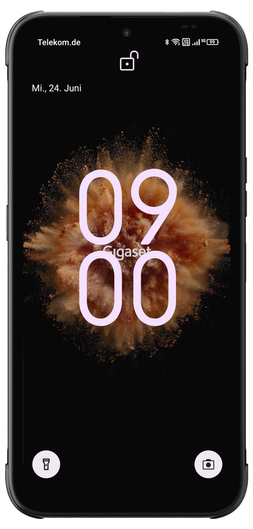 Ein Smartphone-Sperrbildschirm, der die Uhrzeit 09:00 anzeigt, das Datum 'Mi., 24. Juni', mit einem abstrakten orangefarbenen Burst-Hintergrund und Taschenlampen- und Kamera-Verknüpfungen.