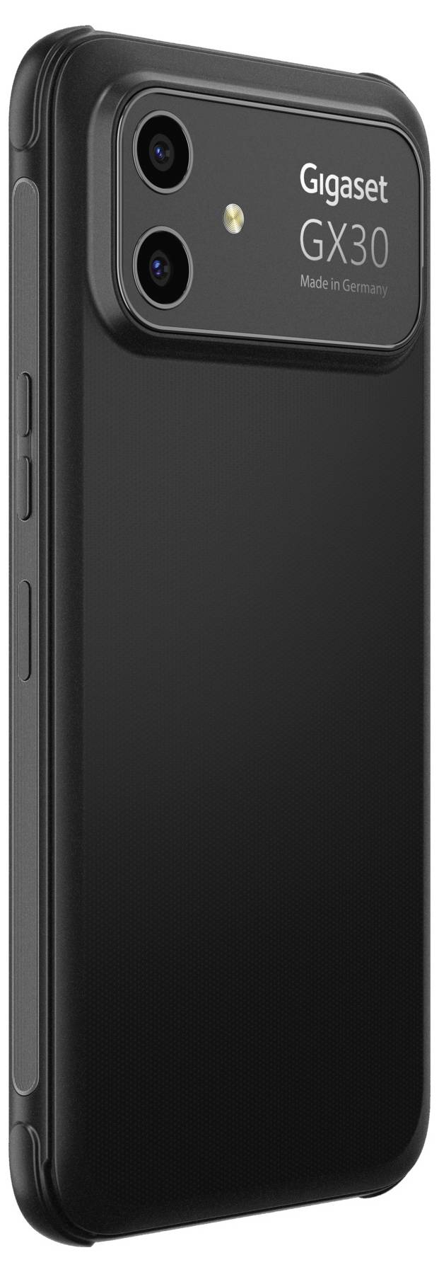 Schwarzes Gigaset GX30 Smartphone von hinten gezeigt, mit Dual-Rückkameras und Blitz in einem robusten Gehäuse.