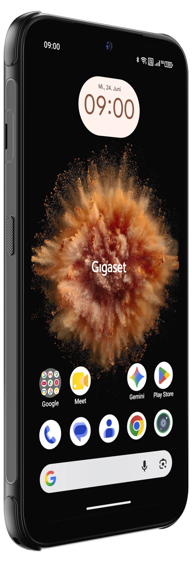 Ein schwarzes Smartphone zeigt den Startbildschirm mit einem 9:00-Uhr-Widget, orangefarbenem abstraktem Hintergrundbild und App-Symbolen, darunter Google, Meet, Gemini, Play Store, Chrome und Fotos.