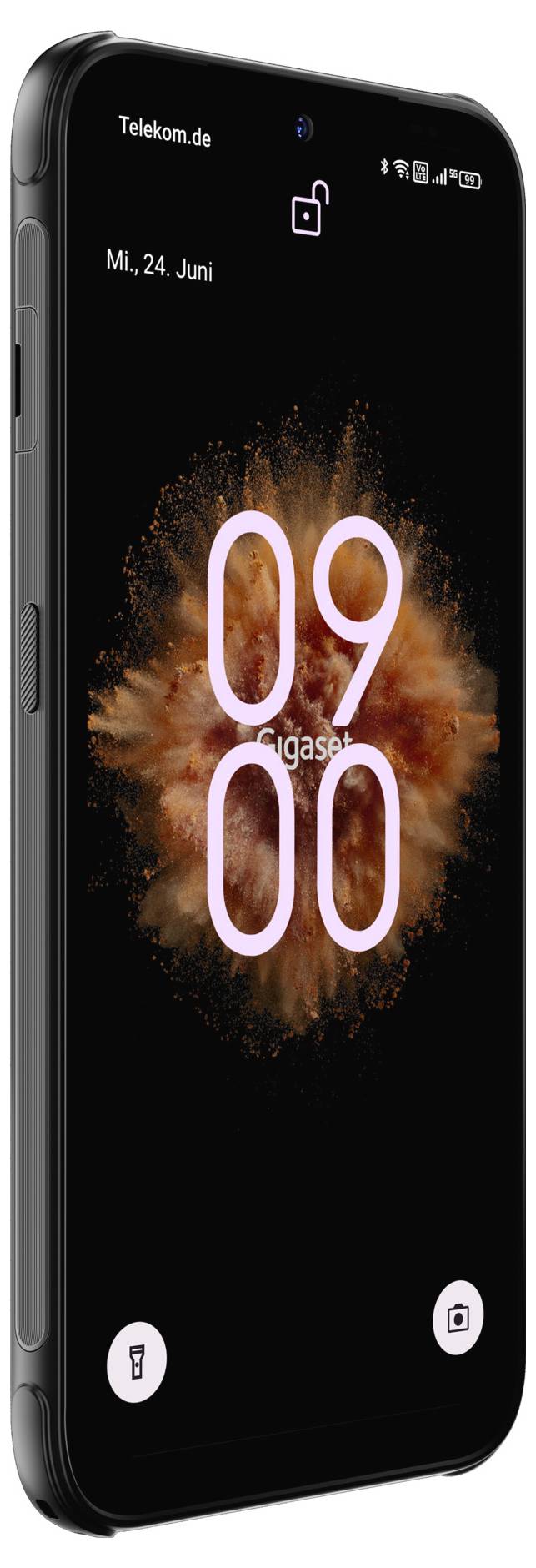 Smartphone-Sperrbildschirm mit 09:00 Uhr und brennendem orangefarbenem Hintergrund, Datum 'Mi., 24. Juni' und Verknüpfungssymbolen für Taschenlampe und Kamera.