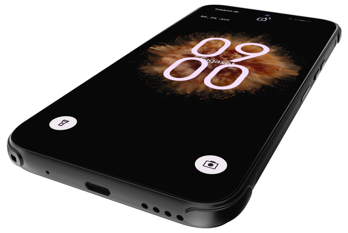 Schwarzes Smartphone auf weißem Hintergrund mit Sperrbildschirm, der eine große Zeitanzeige '09 00' und Kamera-/Sperrsymbole zeigt.
